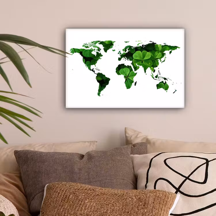 Wereldkaart - Wit - Klavertje vier canvas 2cm klein -sfeer1