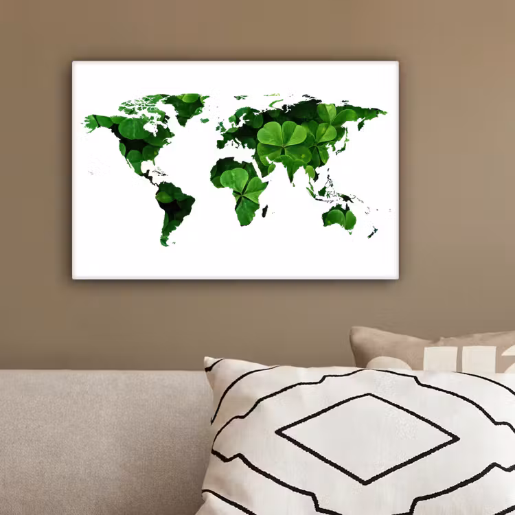 Wereldkaart - Wit - Klavertje vier canvas 2cm klein -sfeer3
