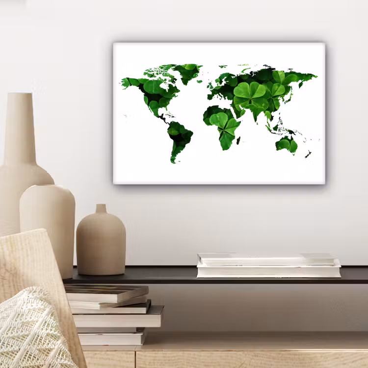 Wereldkaart - Wit - Klavertje vier canvas 2cm klein -sfeer6