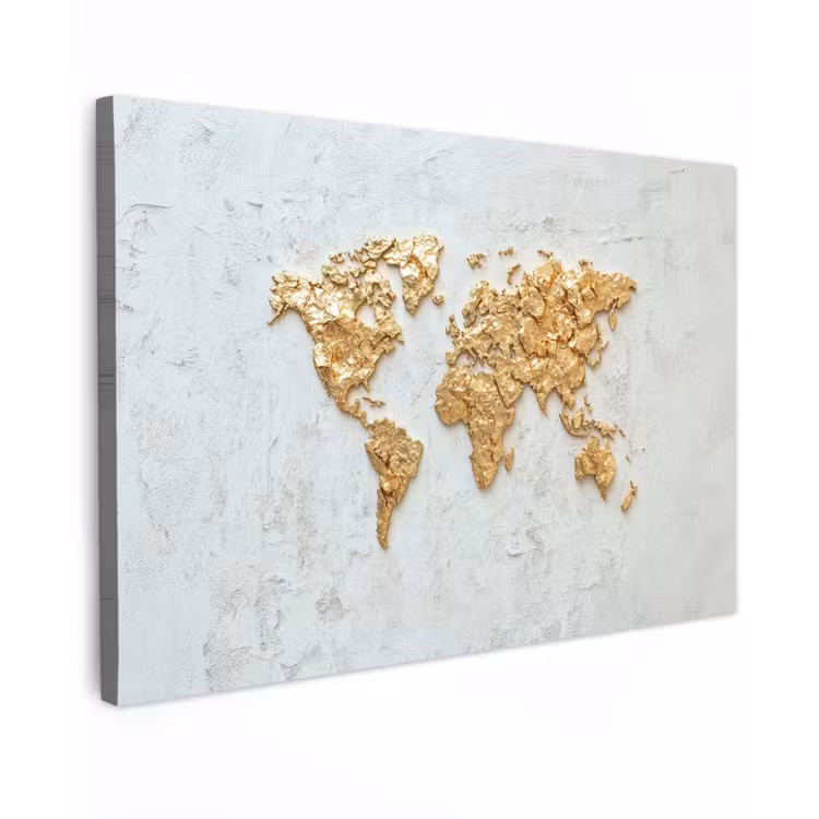 Wereldkaart - Wit beton - Bladgoud canvas 2cm klein -z3d