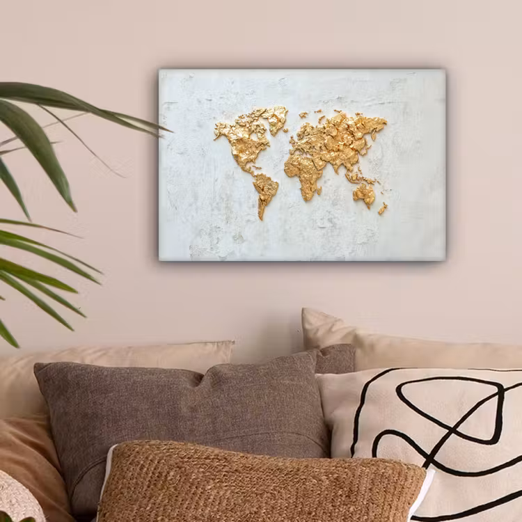 Wereldkaart - Wit beton - Bladgoud canvas 2cm klein -sfeer1