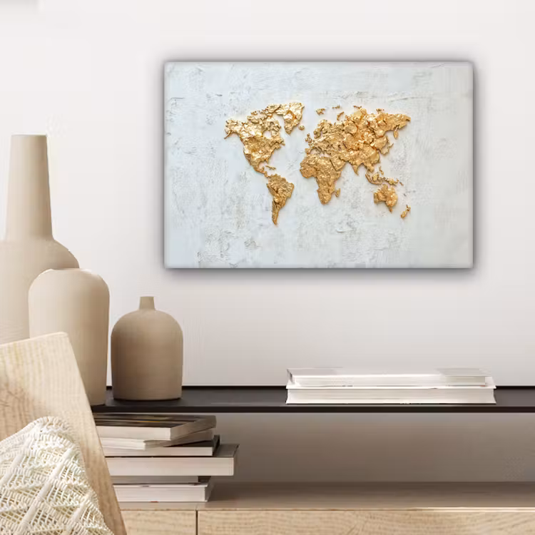 Wereldkaart - Wit beton - Bladgoud canvas 2cm klein -sfeer6