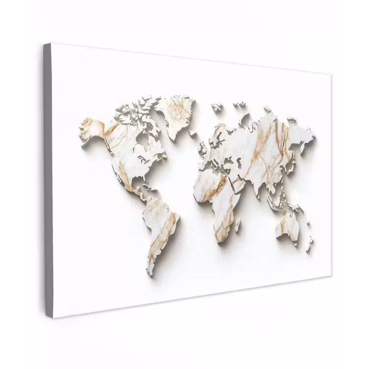Wereldkaart - Wit Marmer - Luxueus canvas 2cm klein -z3d