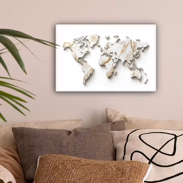Wereldkaart - Wit Marmer - Luxueus canvas 2cm klein -sfeer1