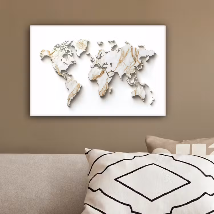 Wereldkaart - Wit Marmer - Luxueus canvas 2cm klein -sfeer3