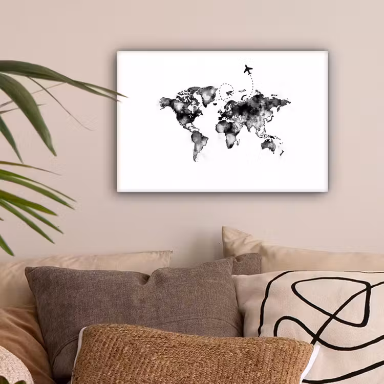 Wereldkaart - Wereldreis - Inkt canvas 2cm klein -sfeer1