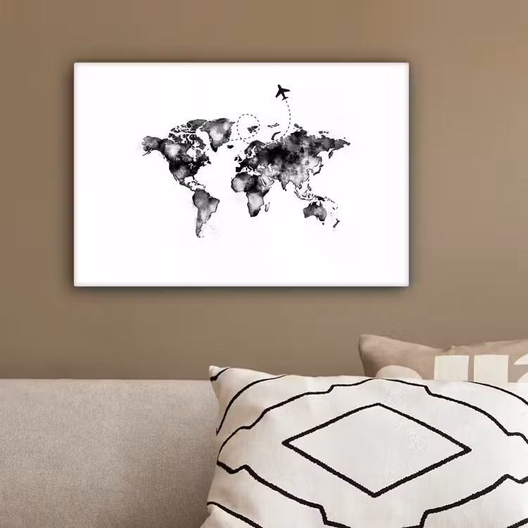 Wereldkaart - Wereldreis - Inkt canvas 2cm klein -sfeer3
