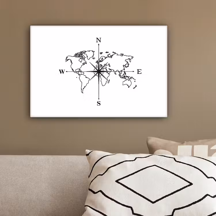 Wereldkaart - Windrichtingen - Kompas canvas 2cm klein -sfeer3