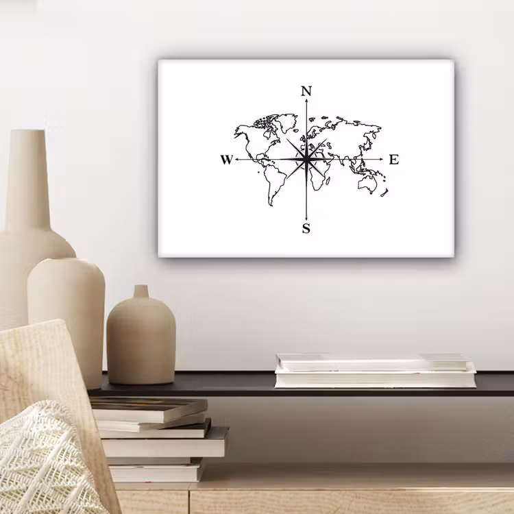 Wereldkaart - Windrichtingen - Kompas canvas 2cm klein -sfeer6