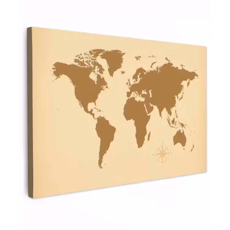 Wereldkaart -Windroos - Bruin canvas 2cm klein -z3d