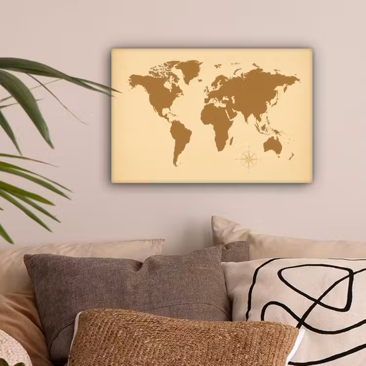 Wereldkaart -Windroos - Bruin canvas 2cm klein -sfeer1