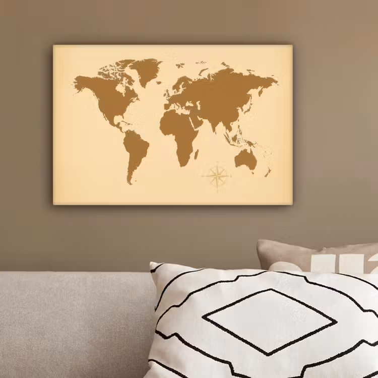 Wereldkaart -Windroos - Bruin canvas 2cm klein -sfeer3