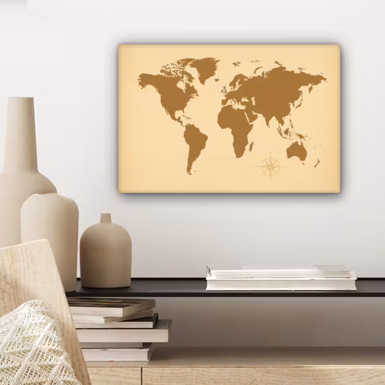 Wereldkaart -Windroos - Bruin canvas 2cm klein -sfeer6