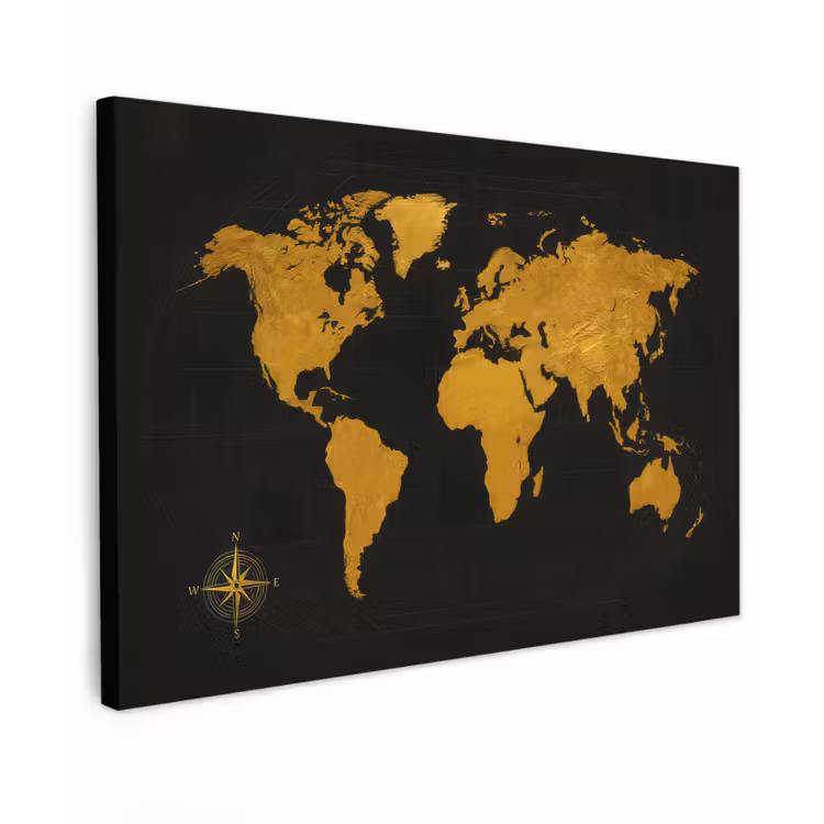 Wereldkaart - Windroos - Raster - Klassiek canvas 2cm klein -z3d