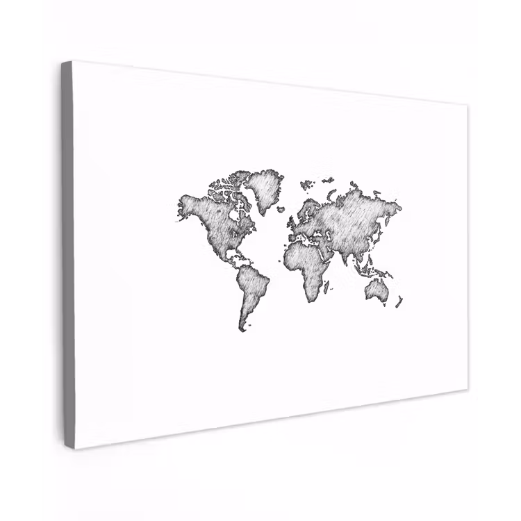 Wereldkaart - Tekening - Zwart - Wit canvas 2cm klein -z3d