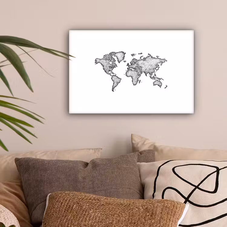 Wereldkaart - Tekening - Zwart - Wit canvas 2cm klein -sfeer1
