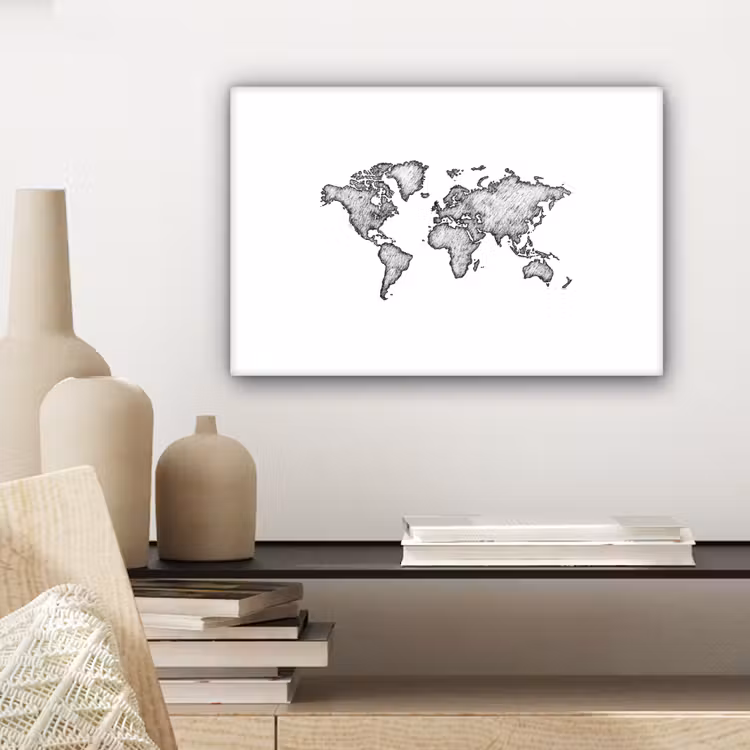 Wereldkaart - Tekening - Zwart - Wit canvas 2cm klein -sfeer6