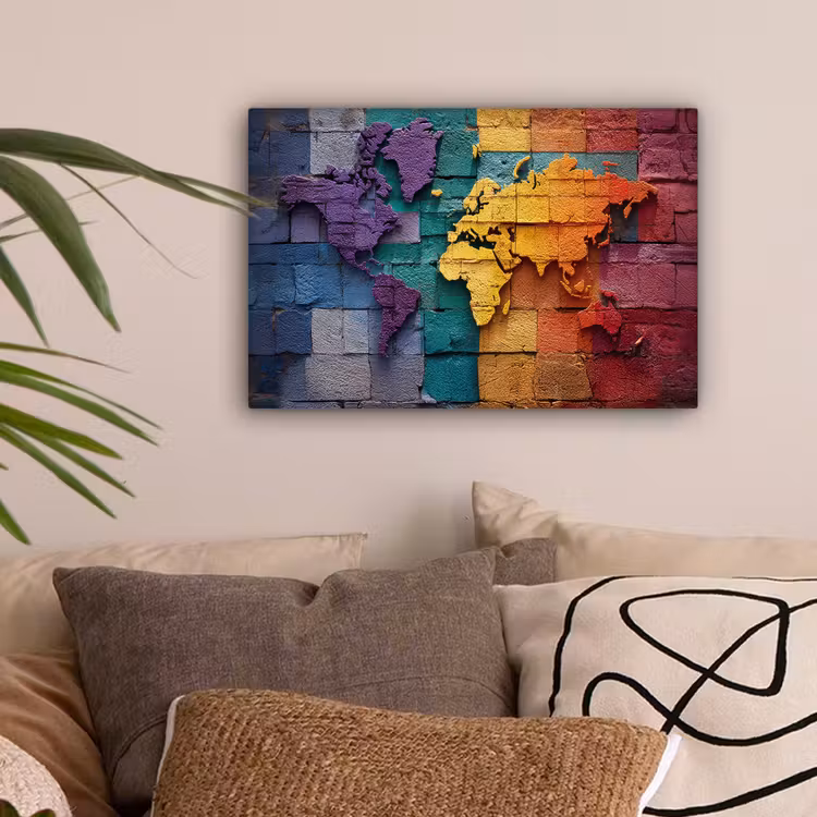 Wereldkaart - Bakstenen - Regenboog canvas 2cm klein -sfeer1