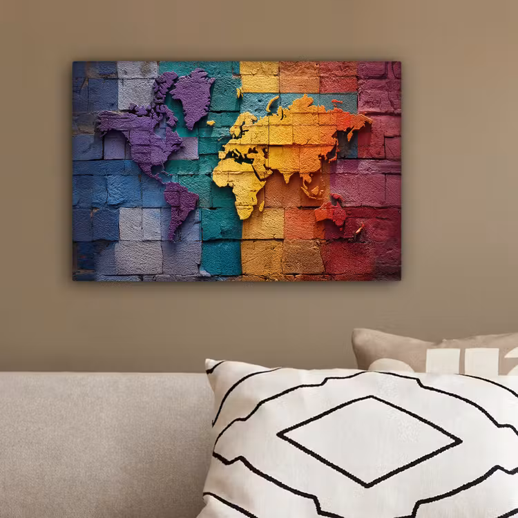 Wereldkaart - Bakstenen - Regenboog canvas 2cm klein -sfeer3