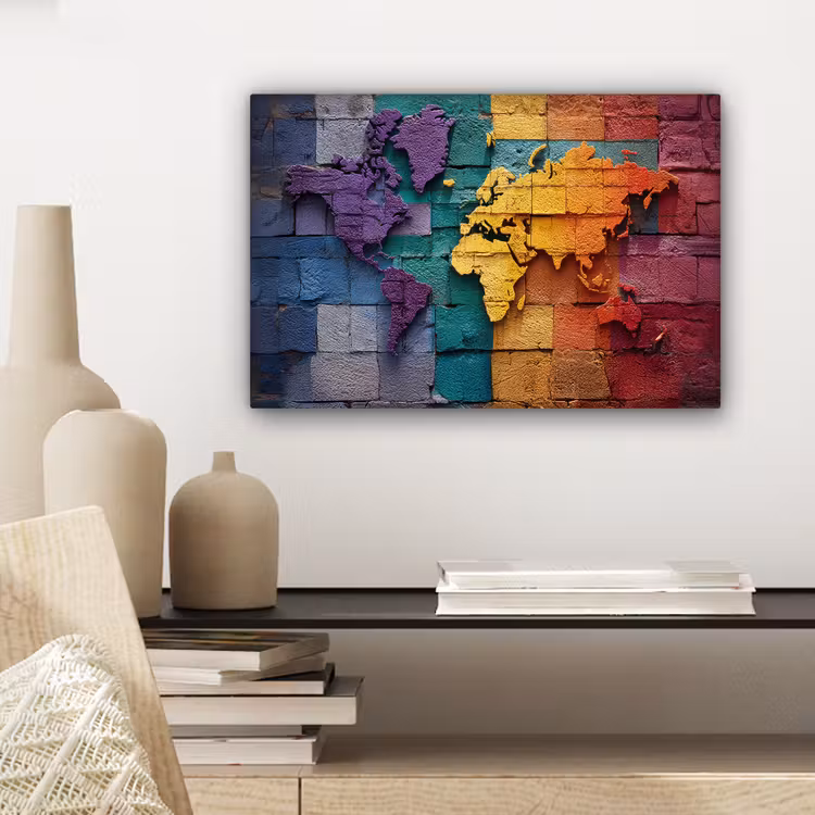 Wereldkaart - Bakstenen - Regenboog canvas 2cm klein -sfeer6