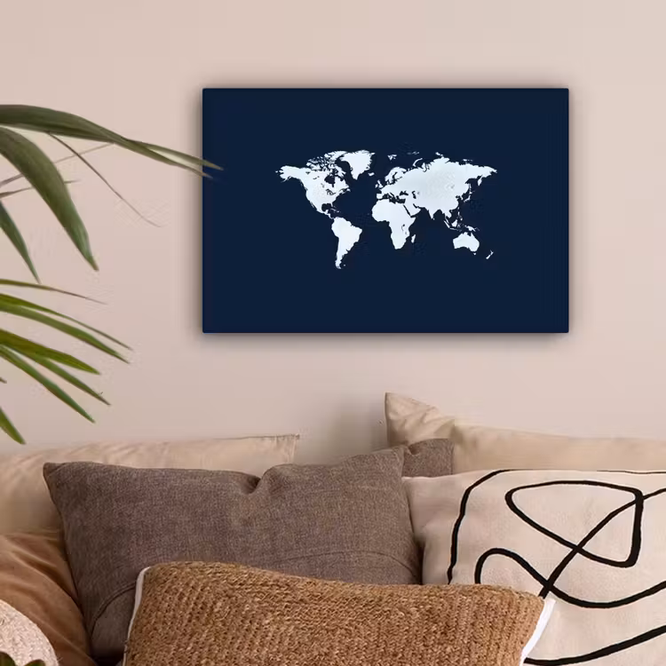 Wereldkaard - Blauw - Contrast canvas 2cm klein -sfeer1
