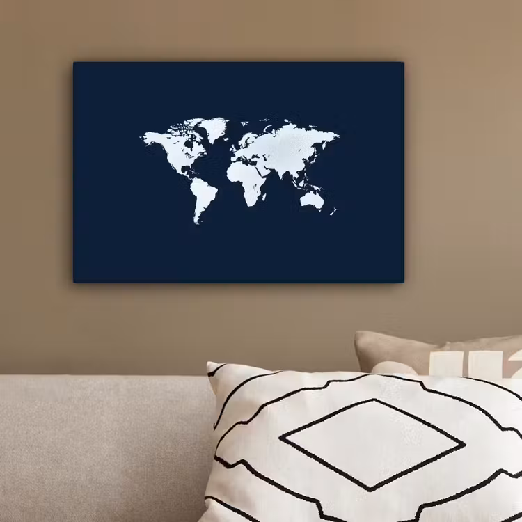 Wereldkaard - Blauw - Contrast canvas 2cm klein -sfeer3