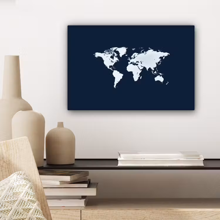 Wereldkaard - Blauw - Contrast canvas 2cm klein -sfeer6