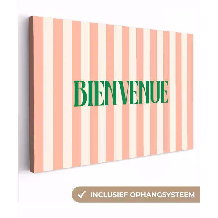 Zachtroze - Groen- Strepen - Bienvenue canvas 2cm klein -3d