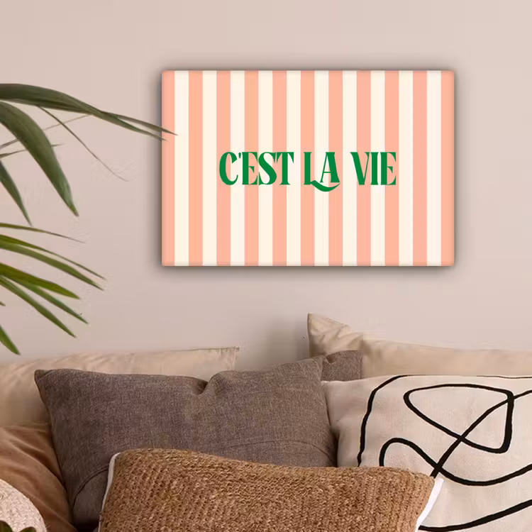 Zachtroze - Groen - Strepen - C'est La Vie canvas 2cm klein -sfeer1