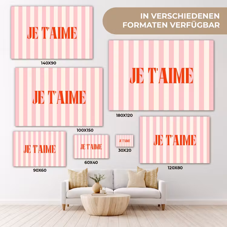 Zachtroze - Rood - Strepen - Je t'aime canvas 2cm klein -Xsfeer8_DE