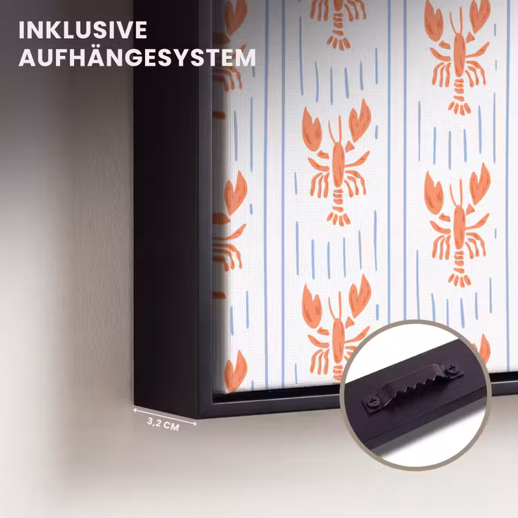 Meer – Hummer – Orange – Blau Canvas met baklijst klein 1124 -closeup_ophangsysteem_DE
