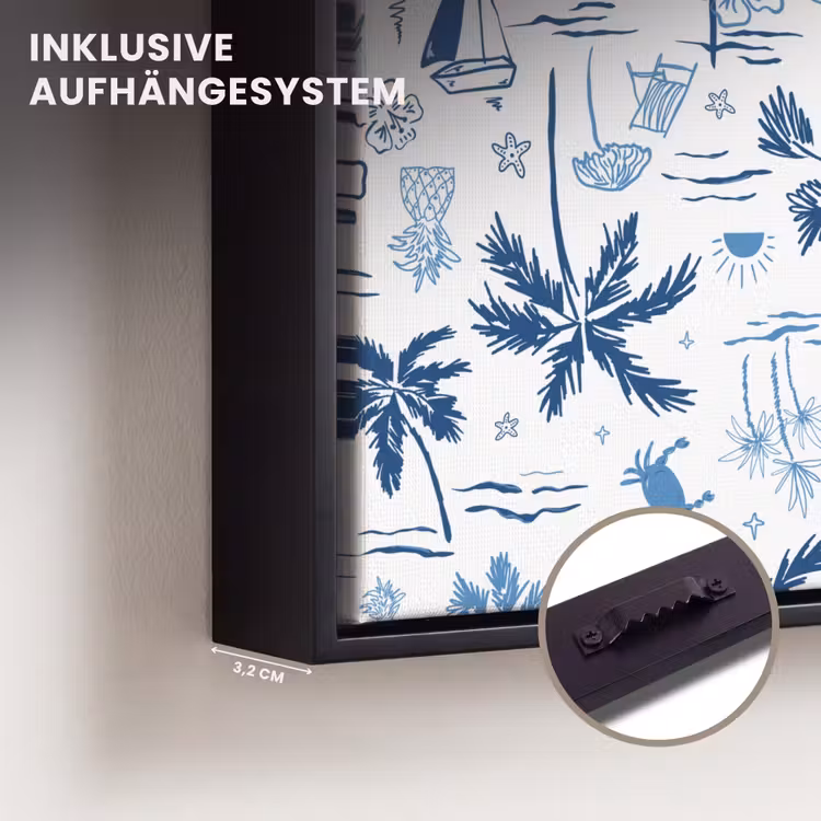 Zee - Patroon - Blauw - Wit Canvas met baklijst klein 1124 -closeup_ophangsysteem_DE