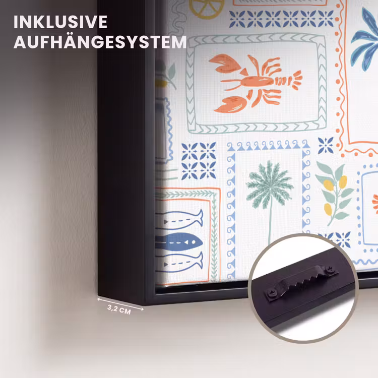 Zee - Zomer - Krab - Patroon Canvas met baklijst klein 1124 -closeup_ophangsysteem_DE