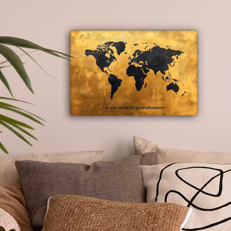 Quote - Goud - Wereldkaart - Zwart canvas 2cm klein -sfeer1