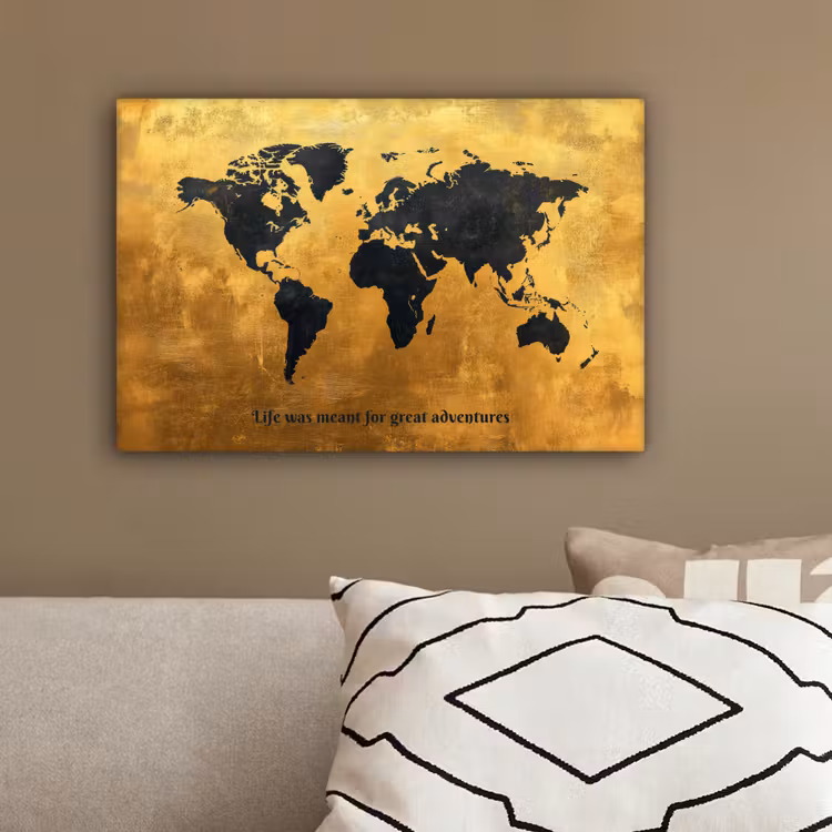 Quote - Goud - Wereldkaart - Zwart canvas 2cm klein -sfeer3