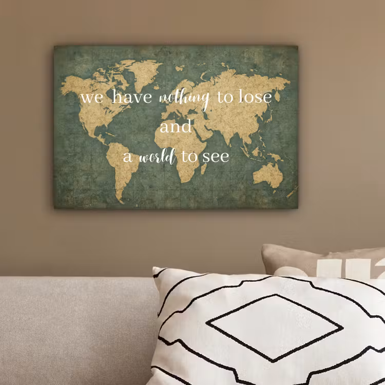 Quote - Vintage - Wereldkaart - Oud canvas 2cm klein -sfeer3