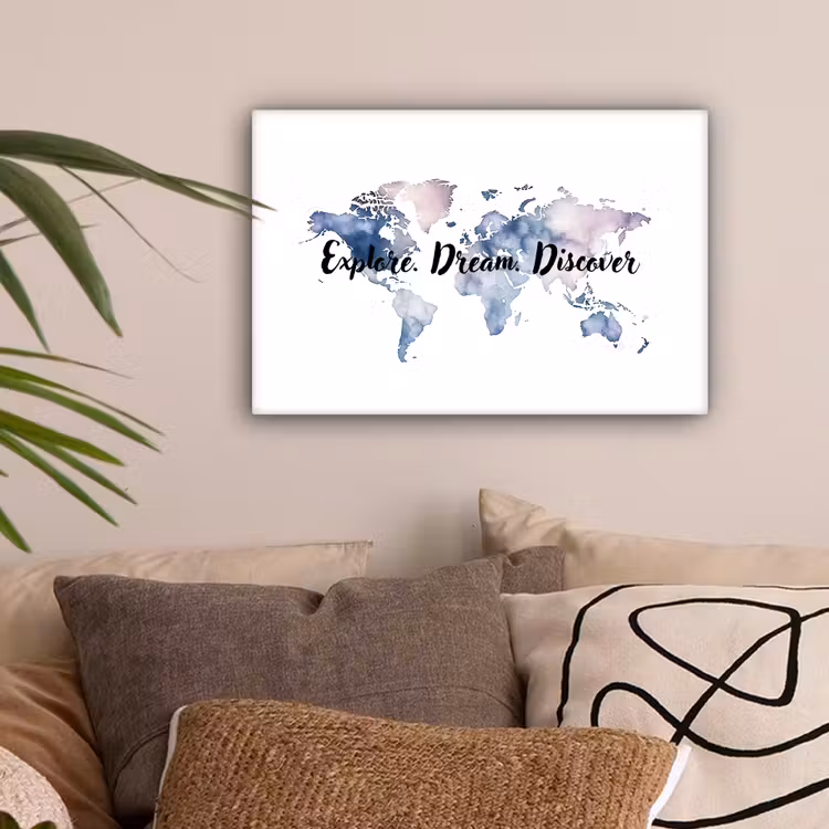 Quote - Wereldkaart - Explore - Aquarel canvas 2cm klein -sfeer1