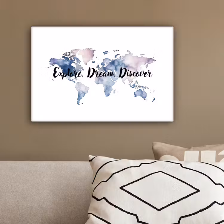 Quote - Wereldkaart - Explore - Aquarel canvas 2cm klein -sfeer3
