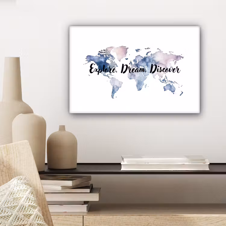 Quote - Wereldkaart - Explore - Aquarel canvas 2cm klein -sfeer6