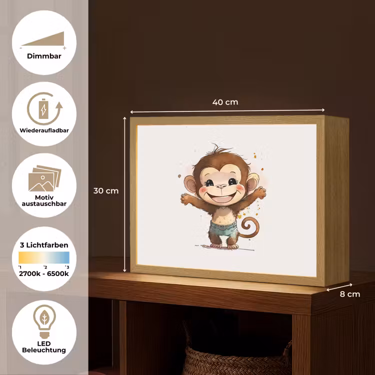 Aap - Bruin - Waterverf - Dieren - Meiden - Jongens Light Box met batterij (Wandlamp kind) middel -USP_websiteoverzichtDE