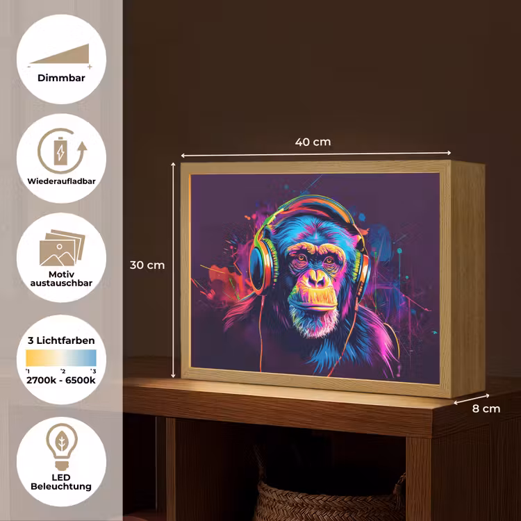 Aap - Koptelefoon - Muziek - Kleurrijk Light Box met batterij (Wandlamp kind) middel -USP_websiteoverzichtDE