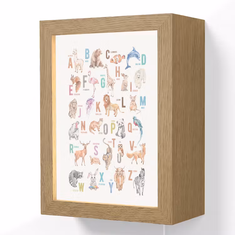 Alfabet - Educatief - Letters leren voor kinderen - Wilde dieren - Kleurrijk Light Box met kabel (Wandlamp kind) klein -3d