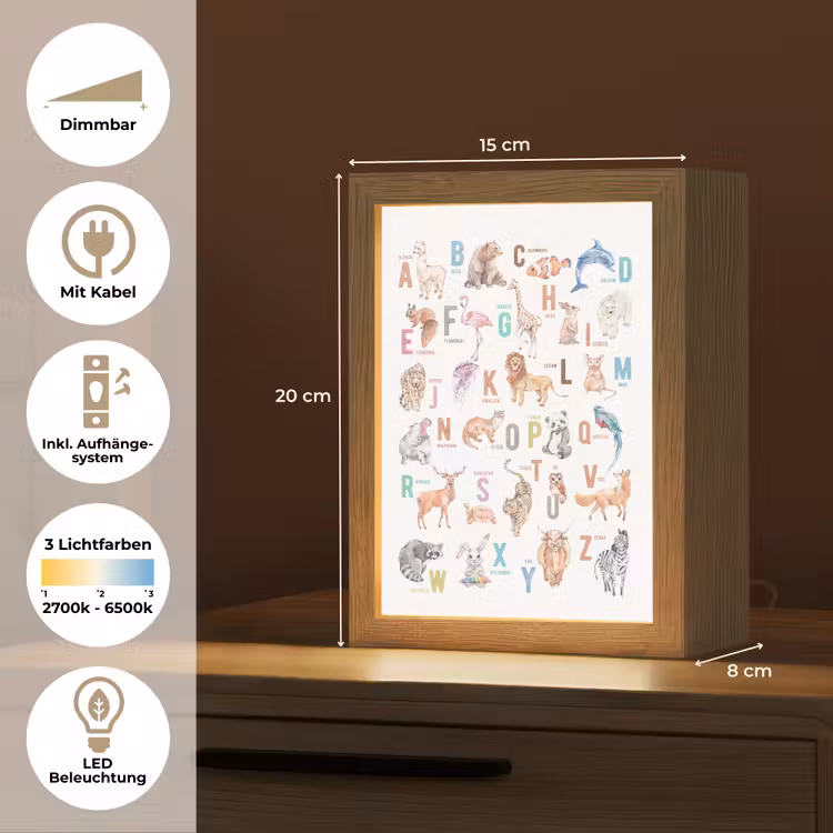 Alfabet - Educatief - Letters leren voor kinderen - Wilde dieren - Kleurrijk Light Box met kabel (Wandlamp kind) klein -USP_overzichtDE