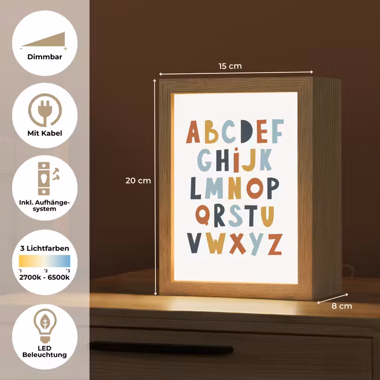 Alfabet - Educatief - Letters leren voor kinderen - Kleuren Light Box met kabel (Wandlamp kind) klein -USP_overzichtDE