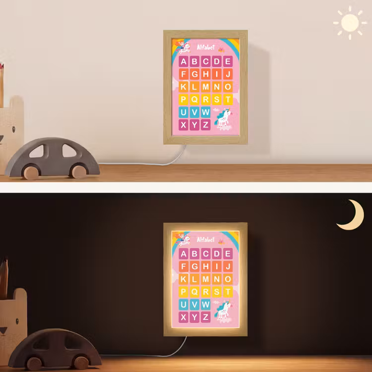 Alfabet - Educatief - Letters leren voor kinderen - Roze - Eenhoorn Light Box met kabel (Wandlamp kind) klein -sfeer3_kind