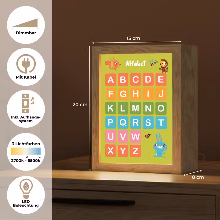 Alfabet - Educatief - Letters leren voor kinderen - Groen - Dieren Light Box met kabel (Wandlamp kind) klein -USP_overzichtDE
