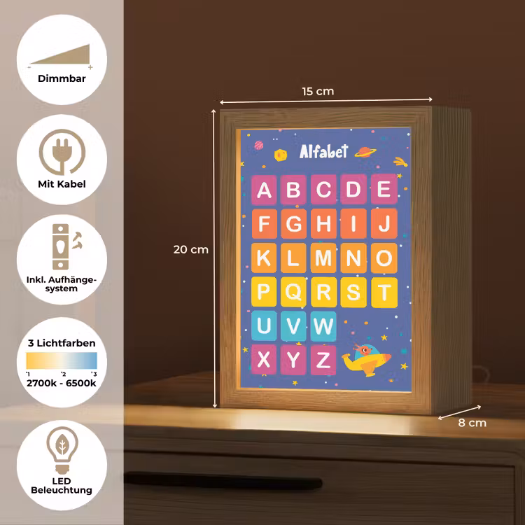 Alfabet - Educatief - Letters leren voor kinderen - Ruimte Light Box met kabel (Wandlamp kind) klein -USP_overzichtDE