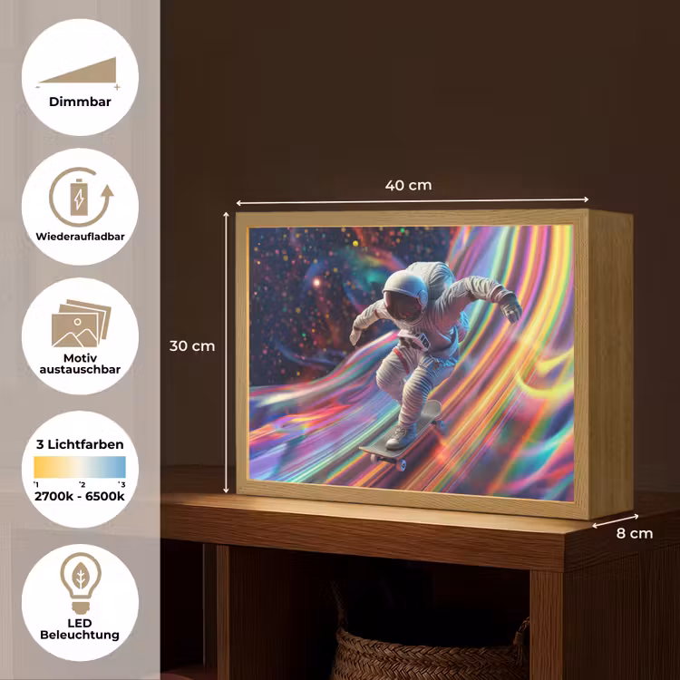 Astronaut - Ruimte - Skateboard - Kleurrijk Light Box met batterij (Wandlamp kind) middel -USP_websiteoverzichtDE