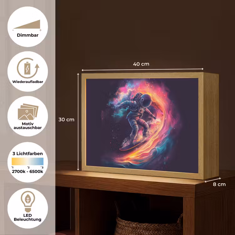 Astronaut - Ruimte - Surfen - Kleurrijk Light Box met batterij (Wandlamp kind) middel -USP_websiteoverzichtDE