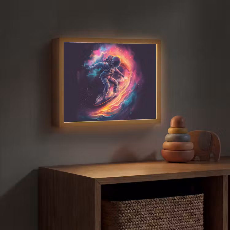 Astronaut - Ruimte - Surfen - Kleurrijk Light Box met batterij (Wandlamp kind) middel -sfeer5_kind